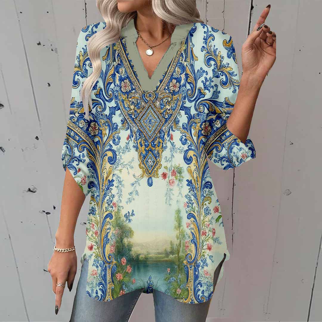 Women Retro, Paisley, Blue DZGA0176 3/4 Sleeve V-neck Printed Graphic Button Tops