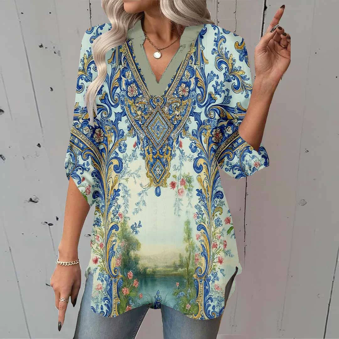 Women Retro, Paisley, Blue DZGA0176 3/4 Sleeve V-neck Printed Graphic Button Tops