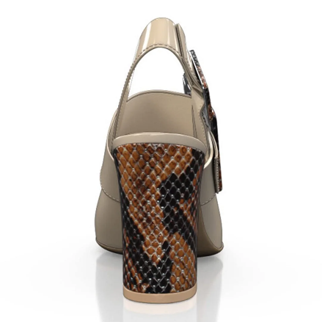 Chunky Heel Snakeskin Buckle Round Toe Slingback Pumps Shoes in Nude