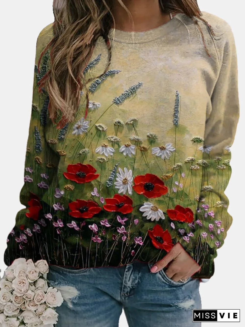 Women Calico Print Long Sleeve O-neck Casual Sweatshirt