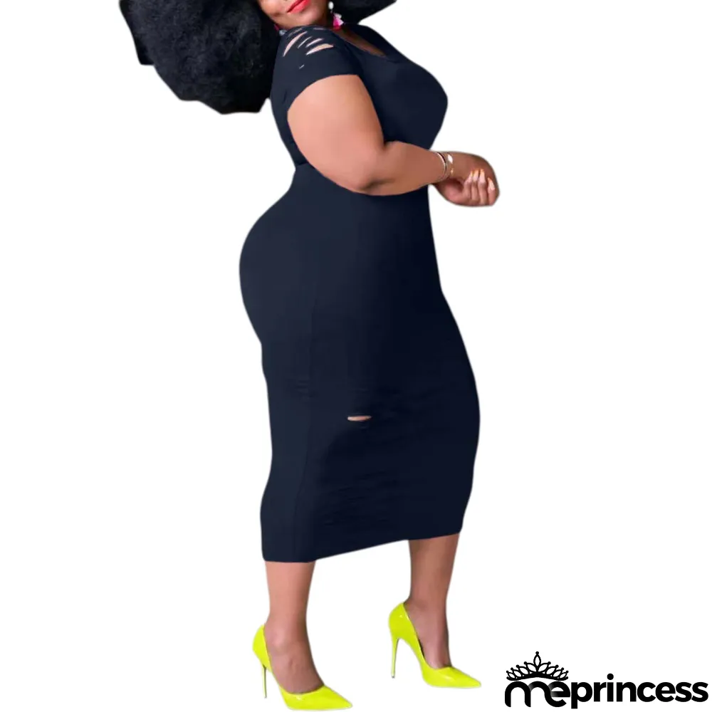 Women'S Casual Plus Size Round Neck Short Sleeve Black Dress