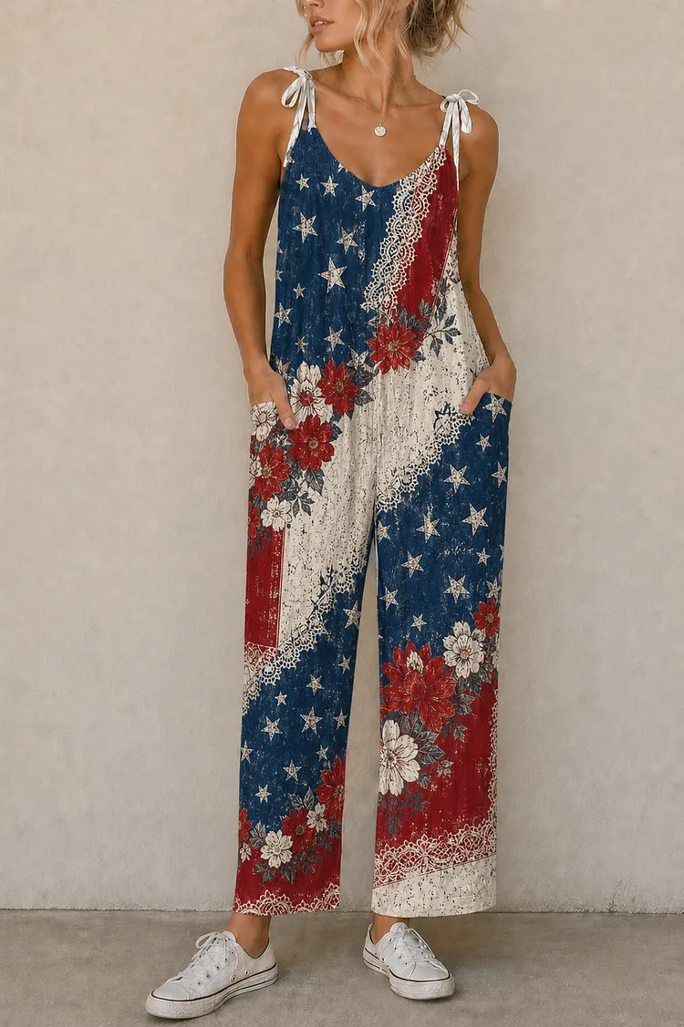 Vintage Patriotic Floral Suspender Jumpsuit
