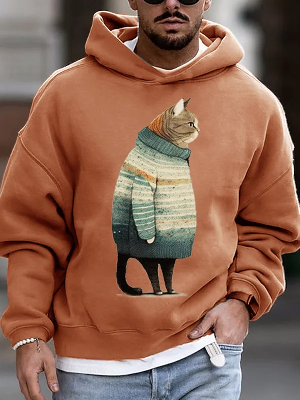 Men's Retro Multicolor Sweater Cat Graphic Print Hooded Sweatshirt
