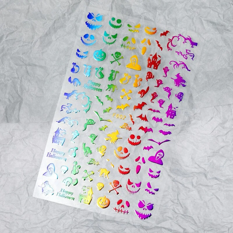 Halloween Nail Art Stickers Laser Black and White Skull Bat Spider Web Pumpkin Sticker Designer 3D Manicure Art Decals 9*16CM