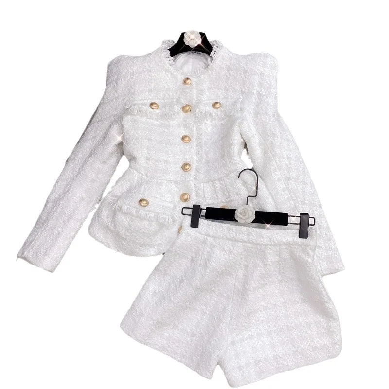 Nigikala Nigikala New Autumn And Winter Small Fragrant White Bright Silk Coarse Flowers Jacket Shorts Set Two Sets