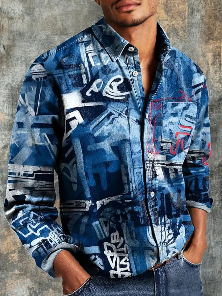 Men's Vintage Abstract Line Letter Art Print Long Sleeve Pocket Shirt