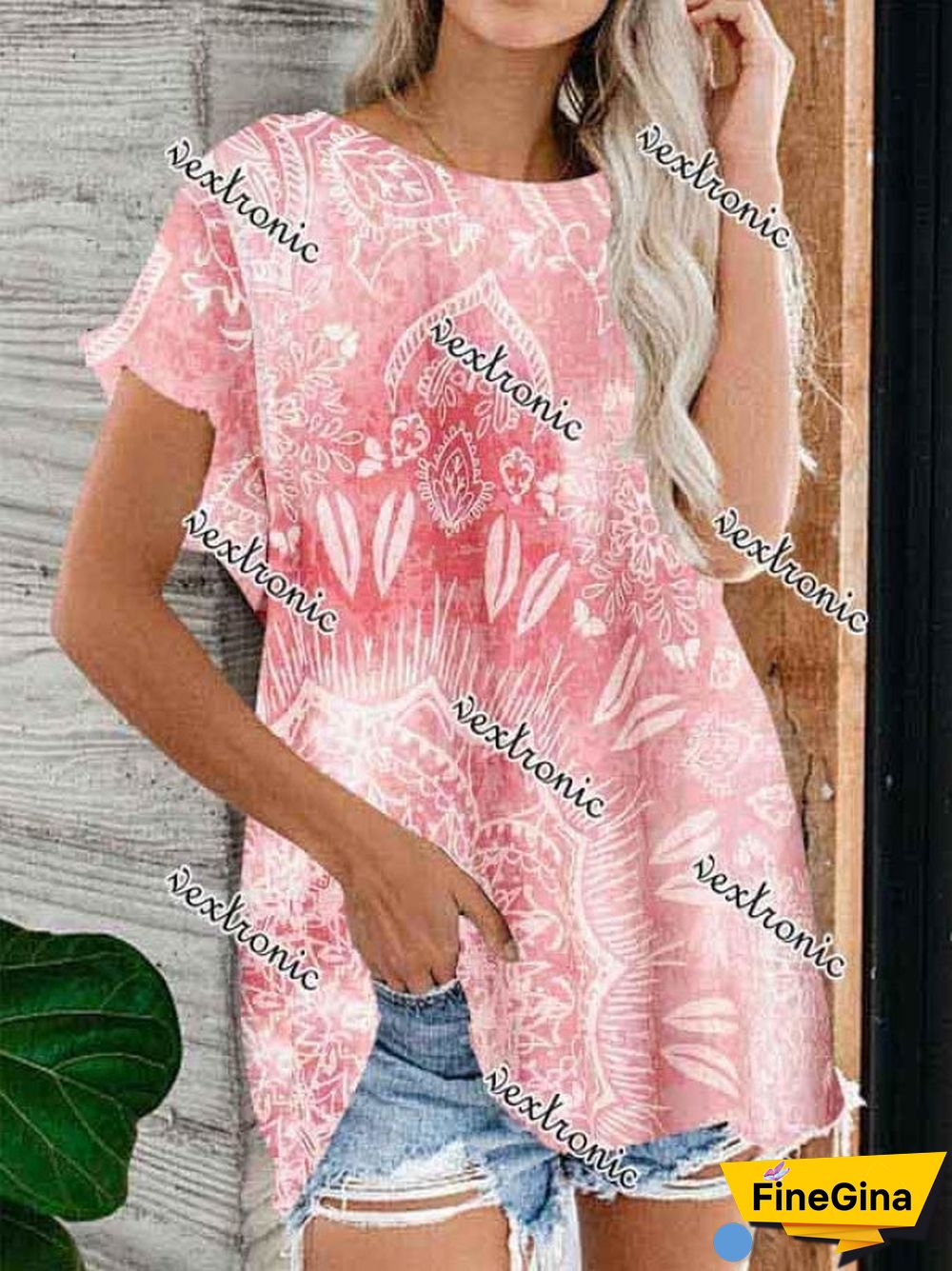 Women Short Sleeve Round Neck Floral Printed Top T-shirt