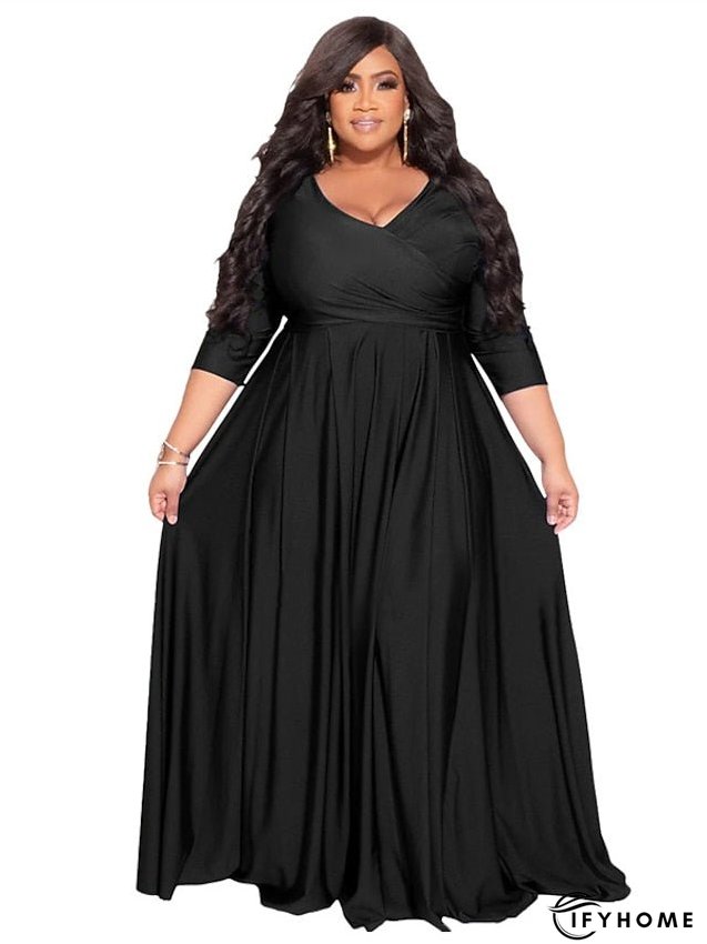 Plus Size Party Dress Solid Color V Neck Ruched Long Sleeve Winter Fall Stylish Elegant Maxi long Dress Formal Party Dress for Women | IFYHOME