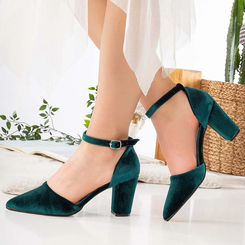 Teal Velvet Pointed Toe Ankle Strap Elegant Block Heel Pumps
