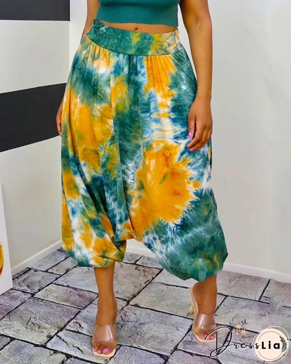 Tie Dye Print Shirred Harem Pants