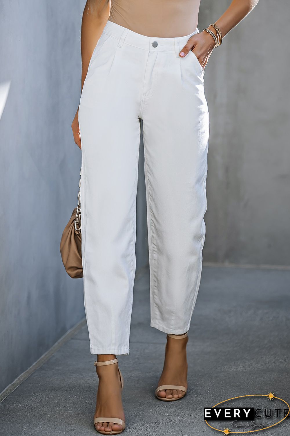 White Solid High Waist Casual Pants