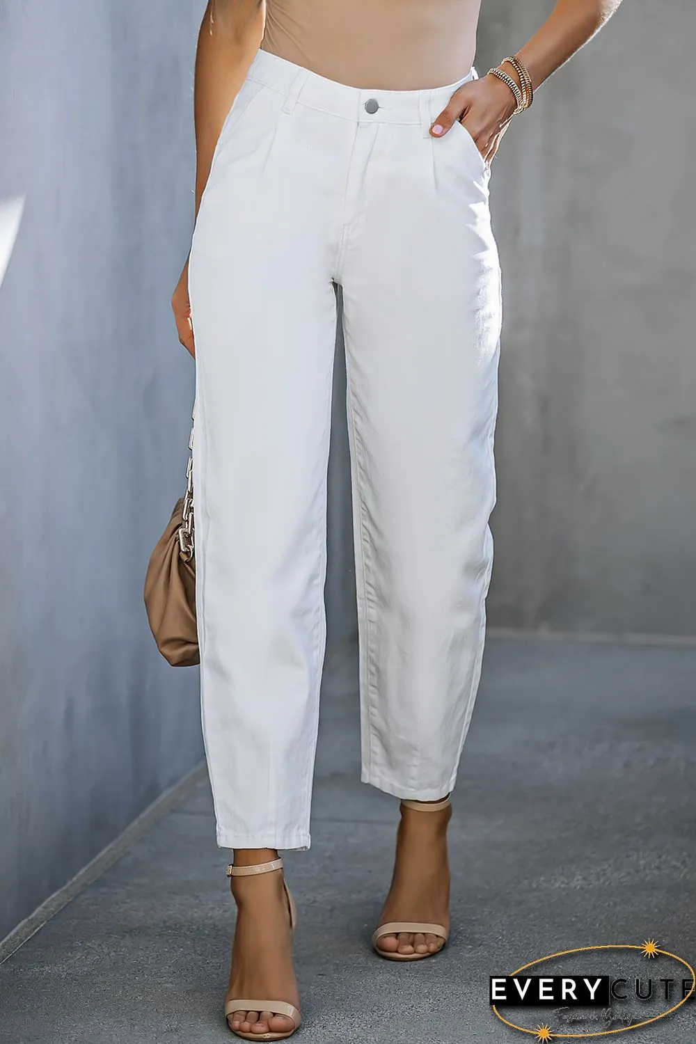 White Solid High Waist Casual Pants