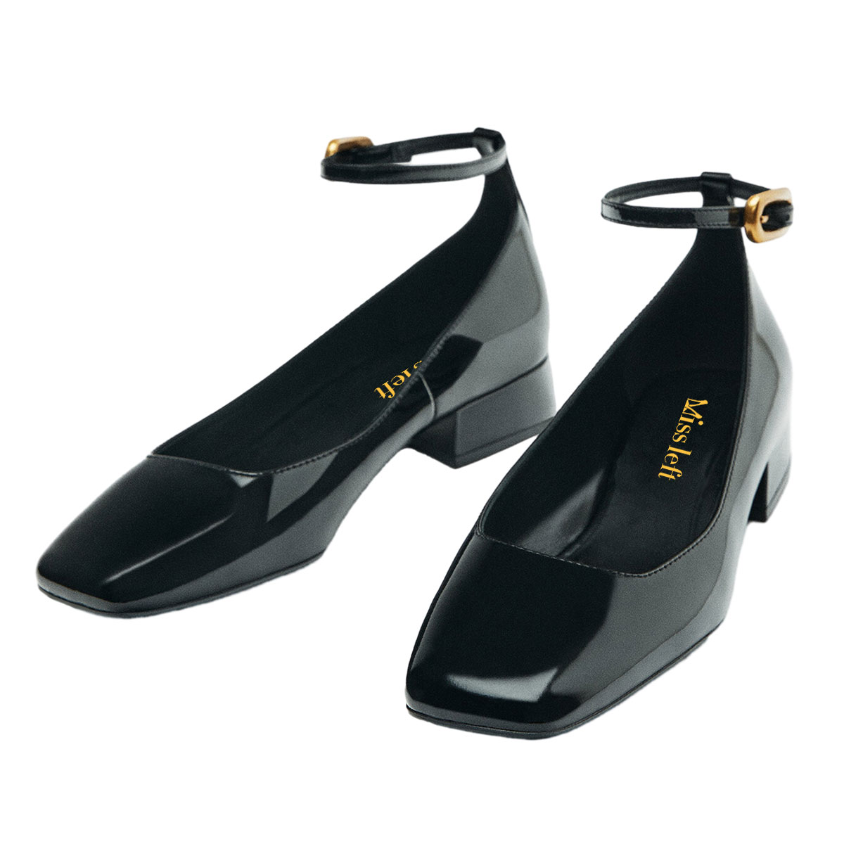 Black Mirror Slip-On Square Toe Block Heel Pumps with Ankle Strap Nicepairs
