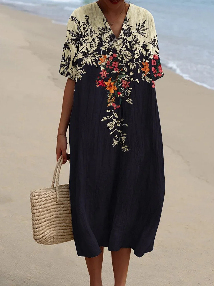 Two-tone Floral Decorative Pattern Flowy Dress