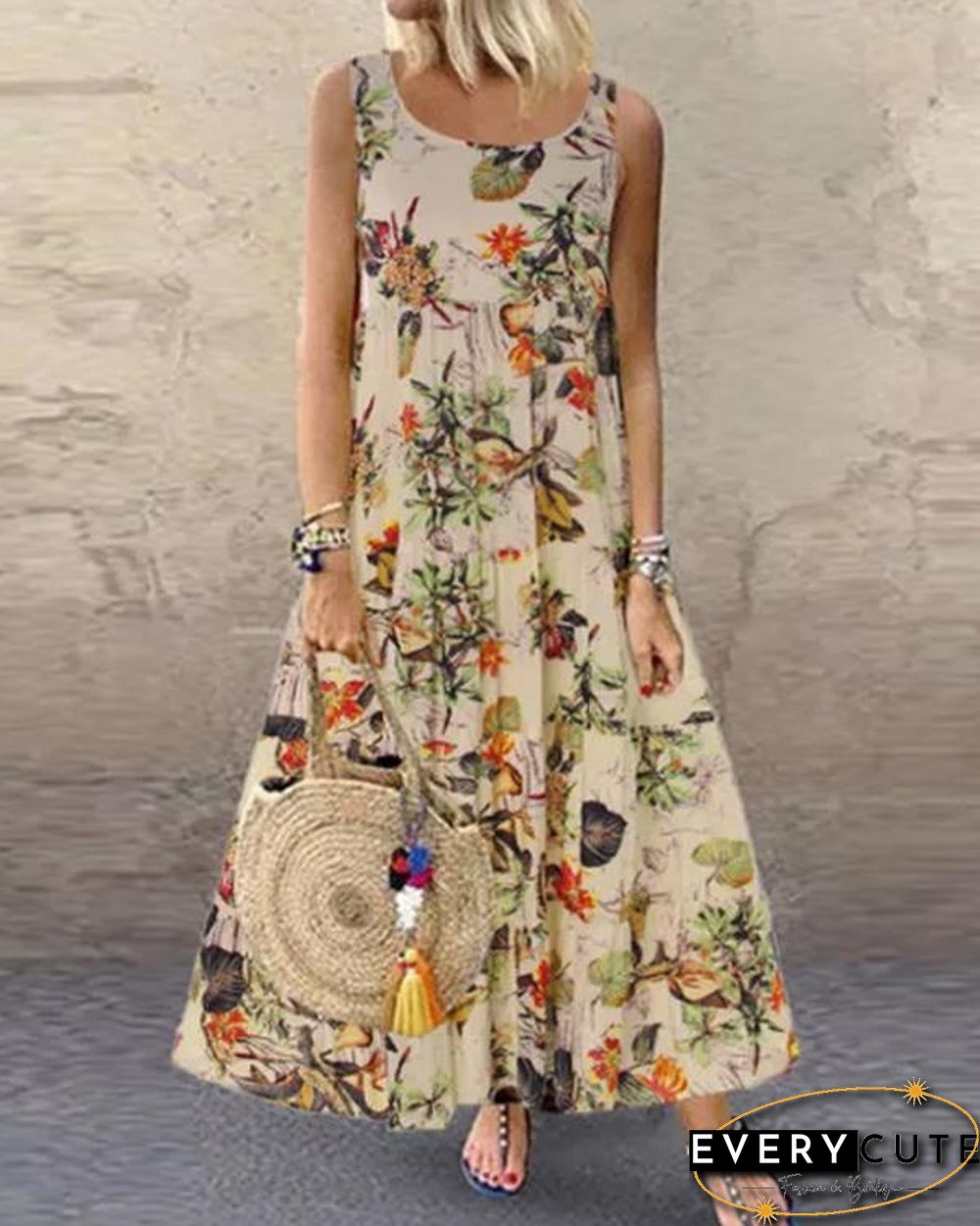 Retro Floral Cotton Maxi Dress