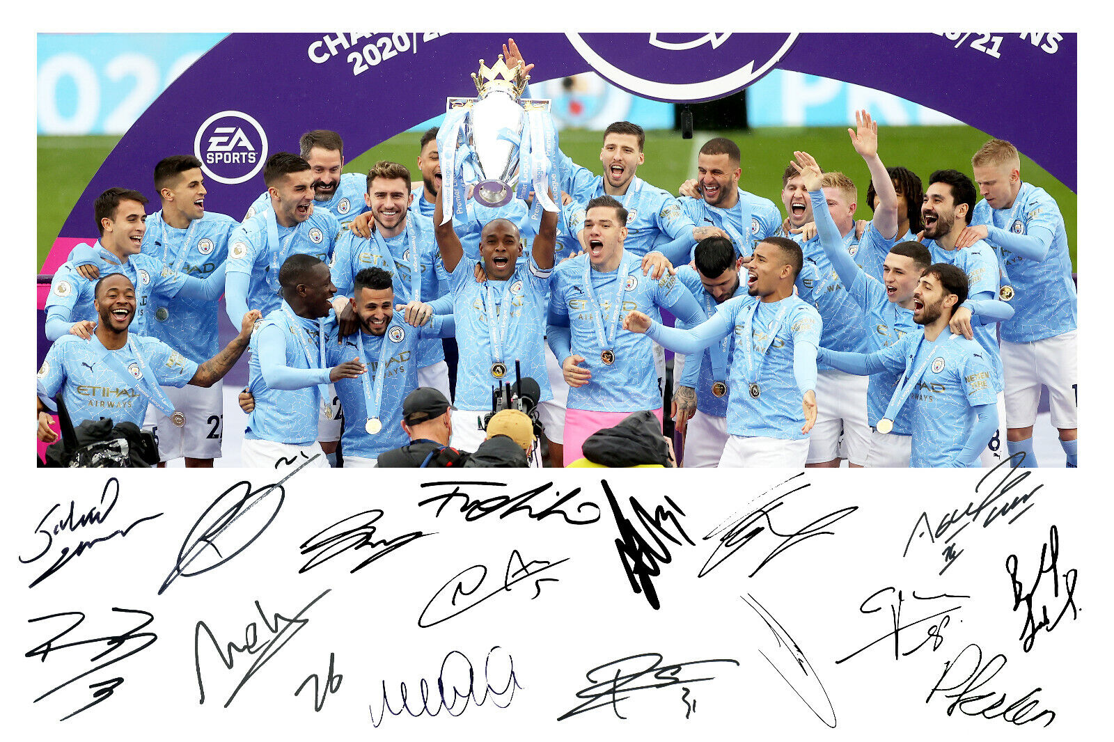 Manchester City 2020/21 CHAMPIONS Squad Signed A4 Photo Poster painting Print Team Aguero Foden