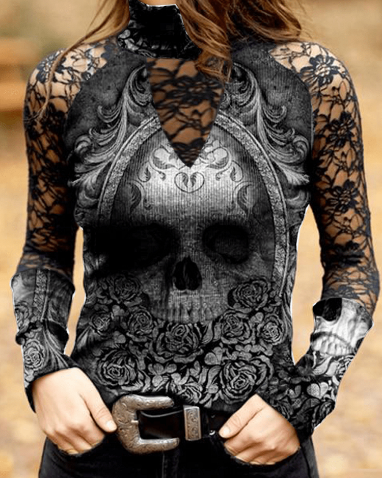 Punk skull lace panel top