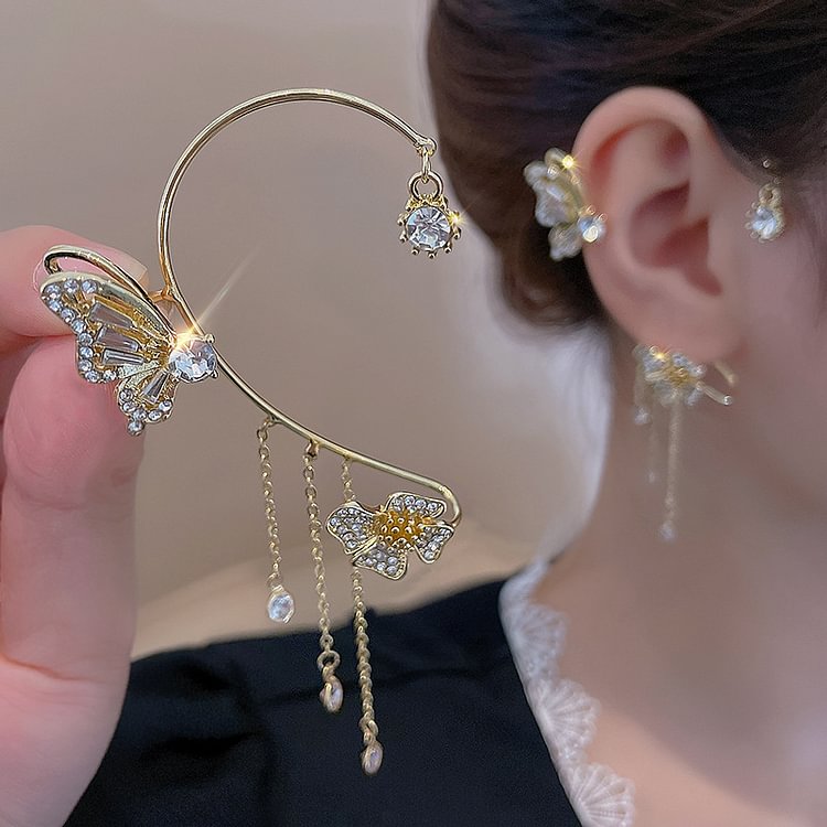 Gold Butterfly Tassel Ear Clip And Ear Hook KERENTILA