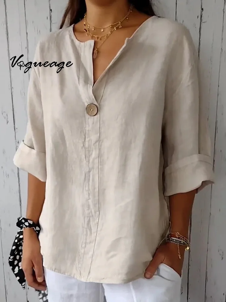 Fashion Loose Ladies V-Neck Cotton and Linen Button Shirt