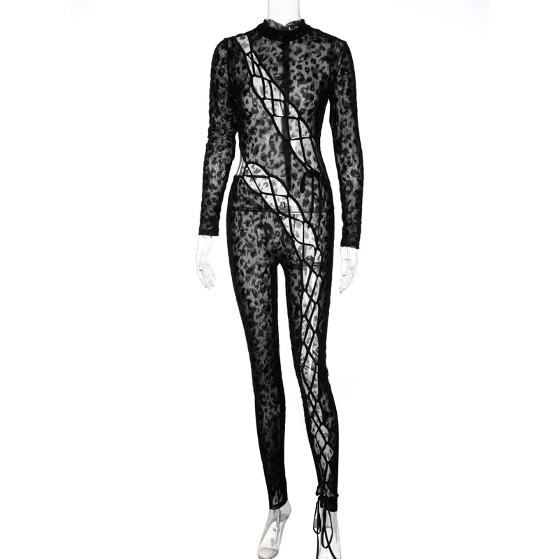 Hugcitar Leopard Patchwork Hollow Out See Through Bandage Sexy Jumpsuit 2021 Fall Winter Women Party Y2K Bright Line Decoration
