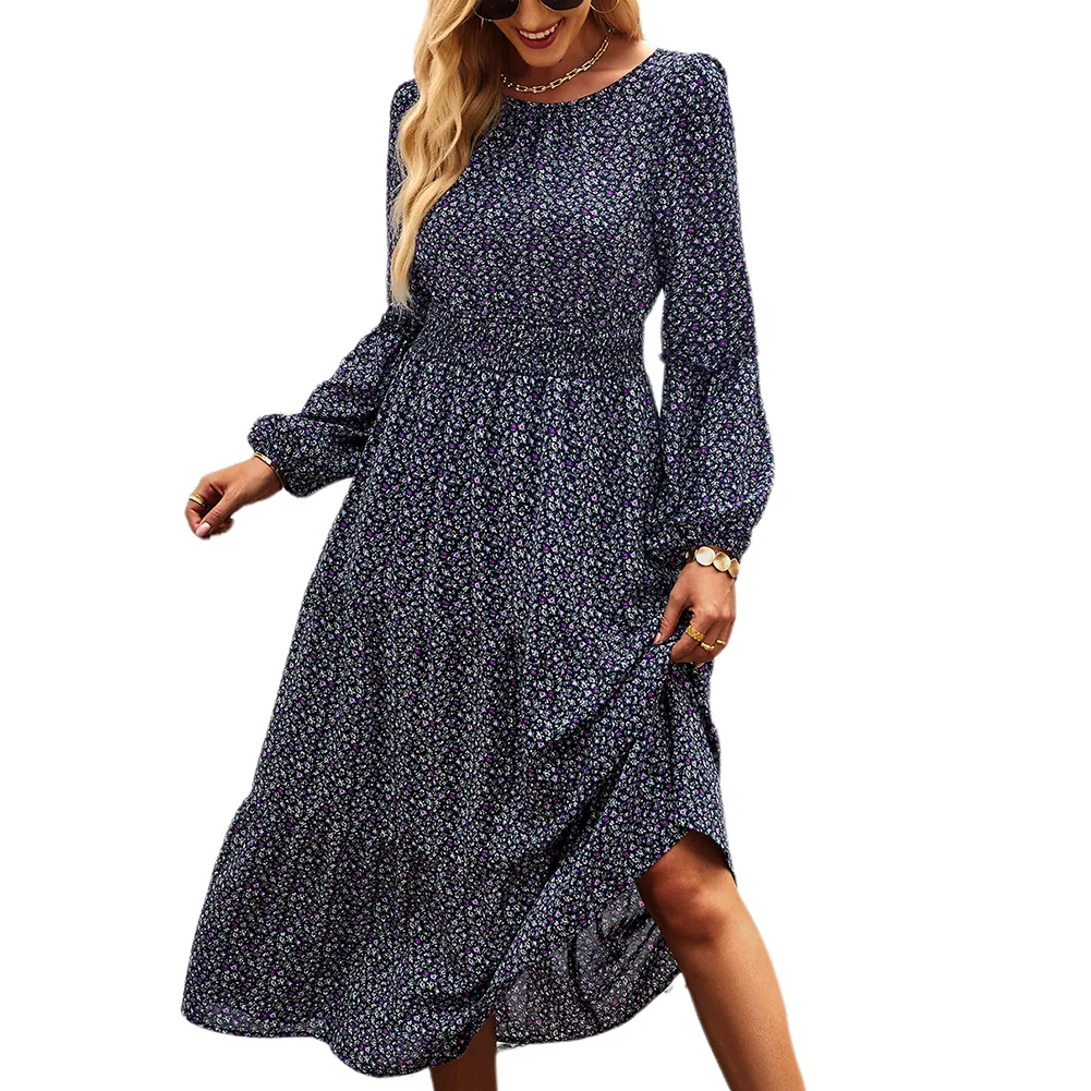 Navy Blue Ruffle Tiered Long Sleeve Floral Dress