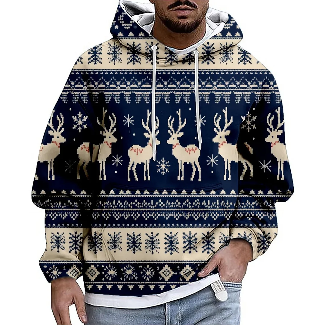 Men's Casual Sports Christmas Reindeer Series 3D Digital Printed Hooded Pullover