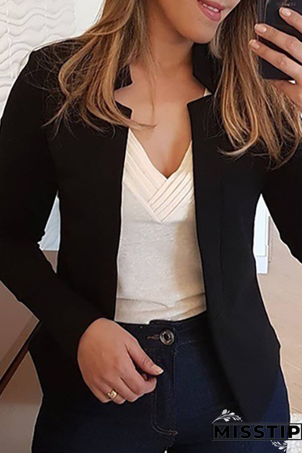 Black Fashion Solid Patchwork Cardigan Collar Outerwear