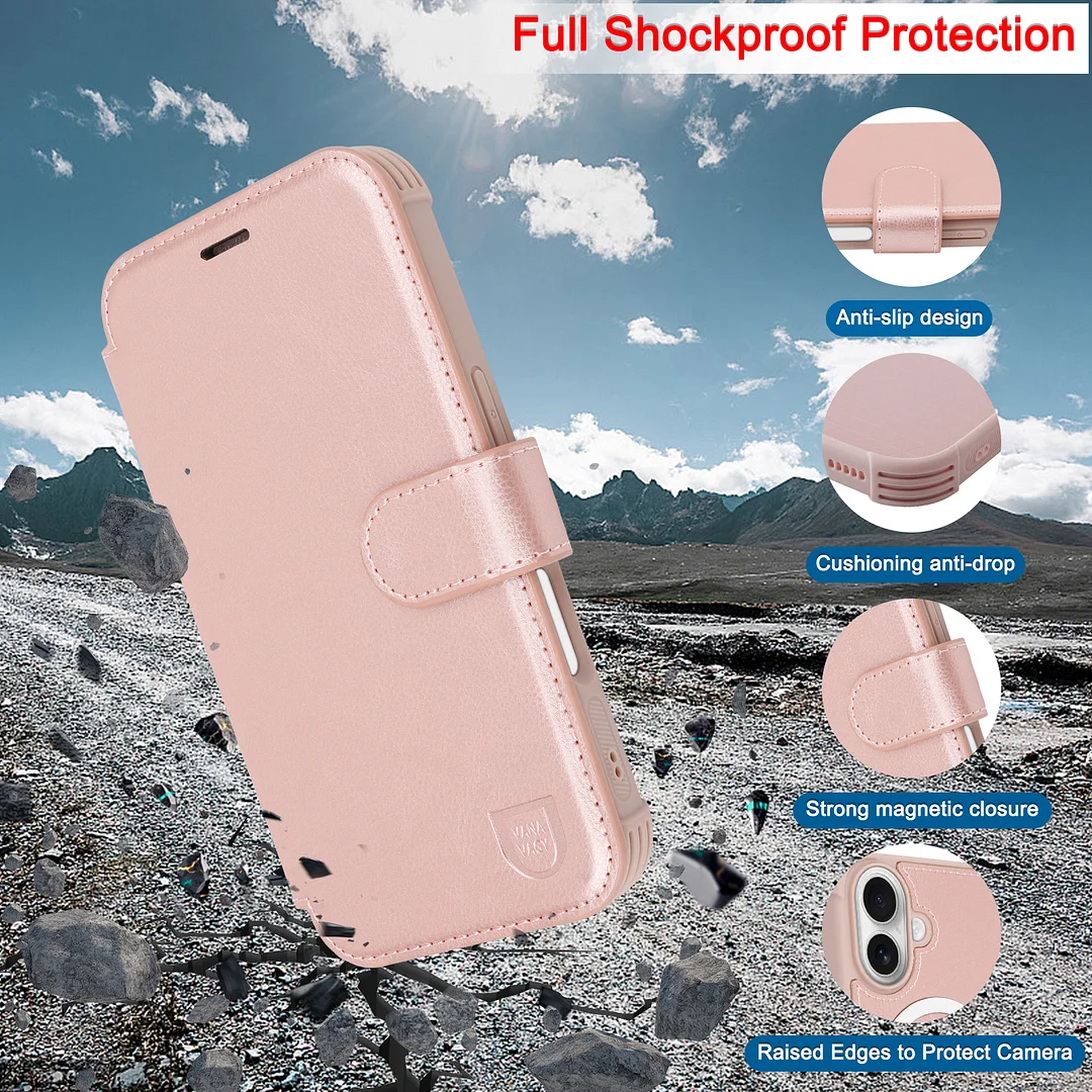 VANAVAGY Compatible for iPhone 16 Wallet Case for Magsafe Wireless Charging,Leather Flip Folio Wrist [Glass Screen Protectors & Camera Lens Protectors] with RFID Block Card Holder