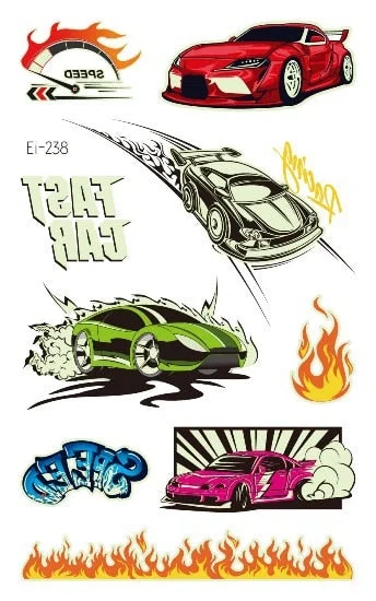 Luminous Cool Racing Tattoo Stickers Waterproof Party Cartoon Car Children's Temporary Tattos Hand Body Foot Men Fake Tatoo