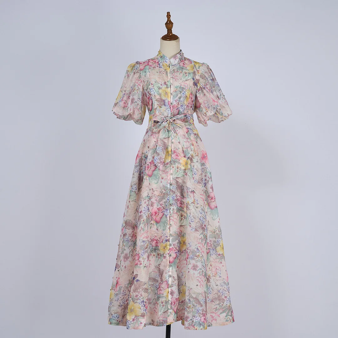 Nigikala Nigikala Court Style High Design Feeling Heavy Industry Nail Drill Short Sleeve Single Buckle Dress + Sling