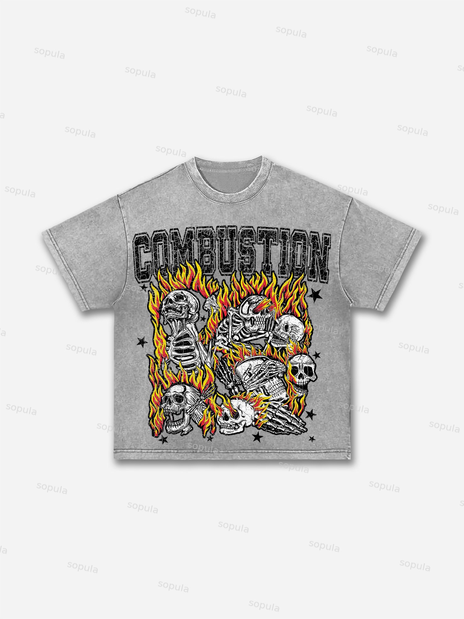 Combustion Skull Graphic Print Acid Wash T-shirt - SOPULA