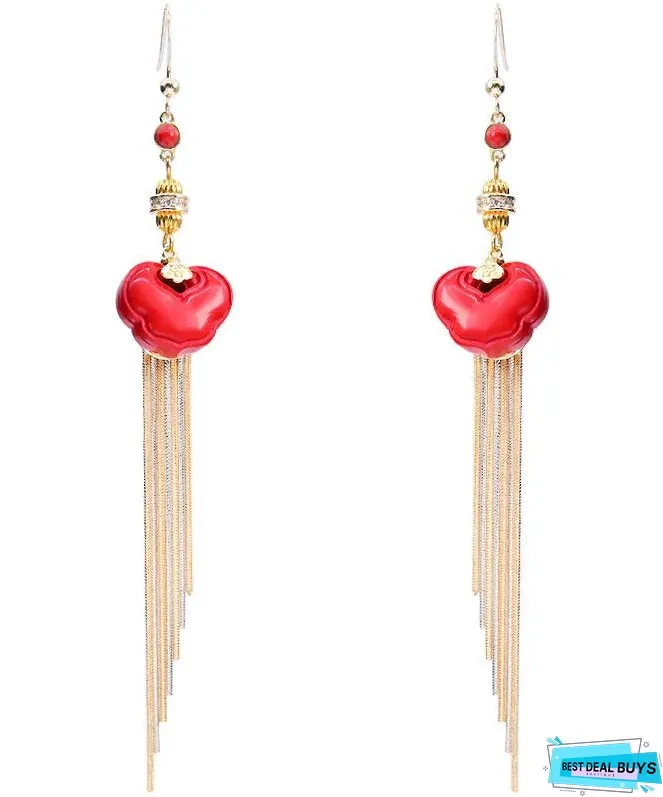 Vogue Red 14K Gold Cinnabar Ruyi Tassel Drop Earrings