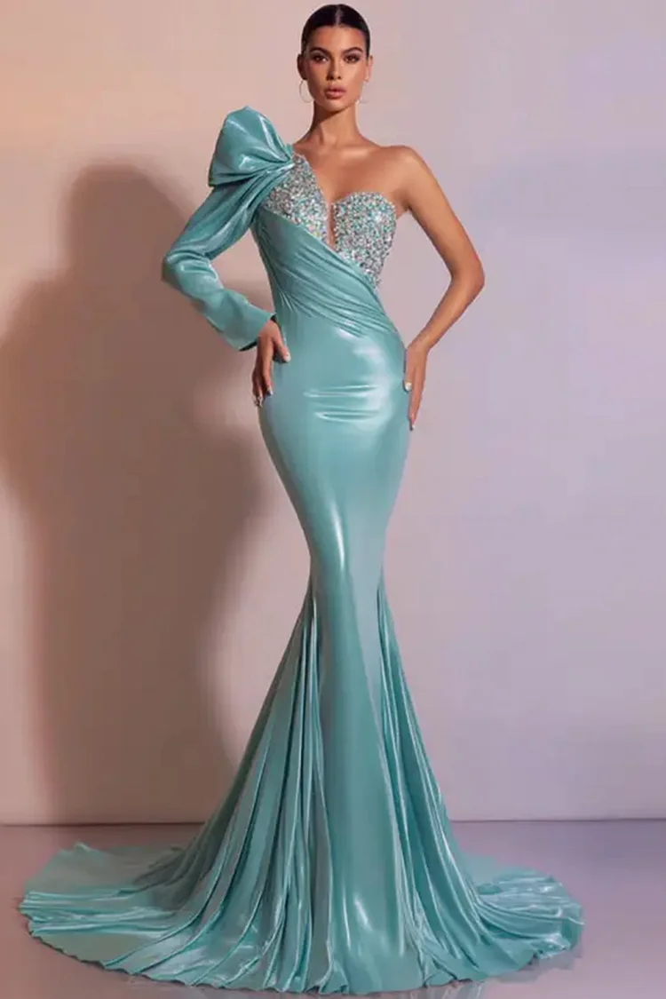 One Shoulder Crystal Embellishment Mermaid Maxi Dress-Teal [Custom-Made]