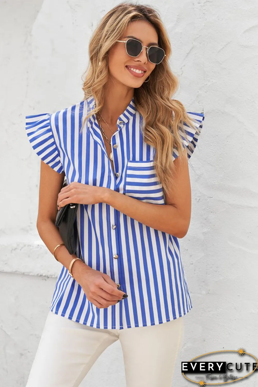 Sky Blue Striped Buttoned Ruffled Sleeve Blouse
