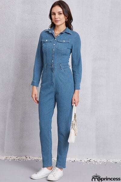 Snap Down Denim Jumpsuit with Pockets