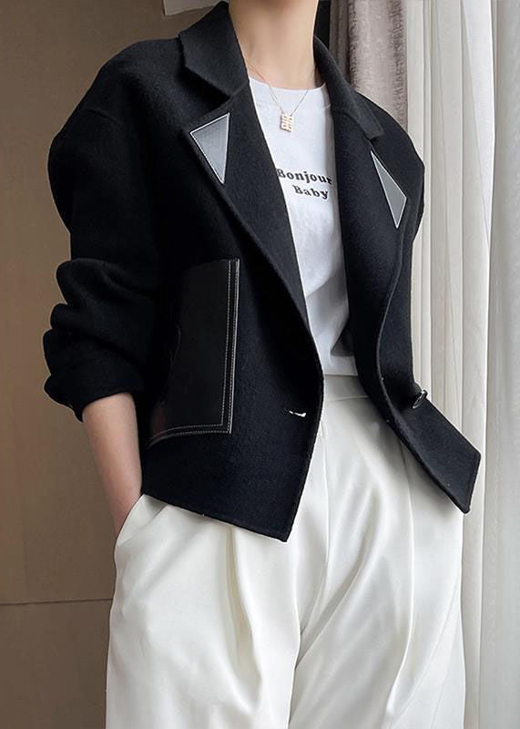 VCSHOES Loose Black Peter Pan Collar Patchwork Woolen Coats Fall