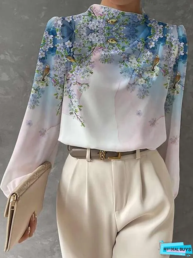 Half-high Neck Lantern Sleeve Printed Blouse