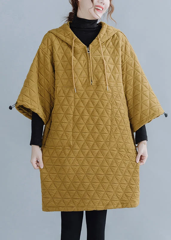 Plus Size Yellow Hooded Drawstring Thick Mid Dress Long Sleeve