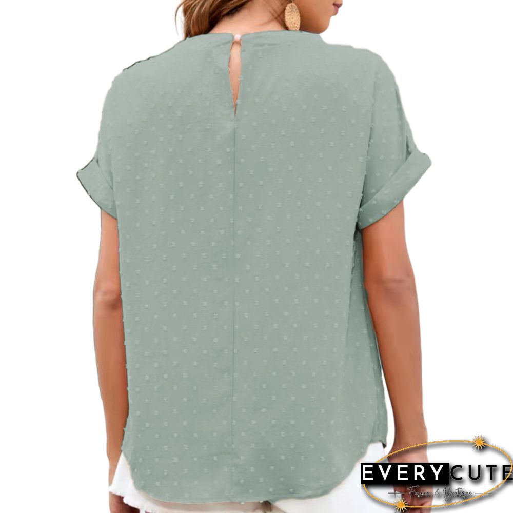 Solid Pea Green Jacquard Chiffon Loose Short Sleeve Top