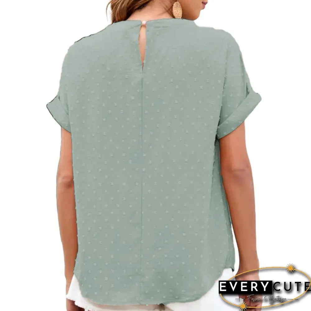 Solid Pea Green Jacquard Chiffon Loose Short Sleeve Top