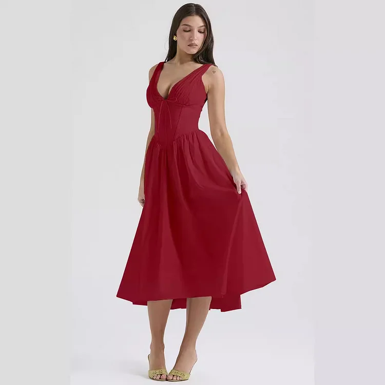 Women's Floral Print V-Neck Sleeveless Maxi Dress - Celebrity Style Ruched Bust Pocket Long Dress