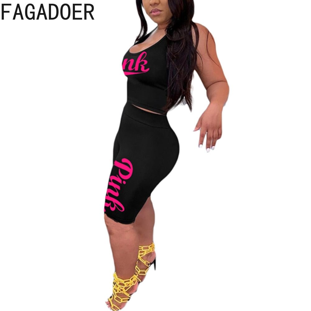 FAGADOER PINK Letter Print Two Piece Sets Women Sleeveless Strap Crop Top And Skinny Shorts Tracksuits Sexy Jogger 2pcs Outfits