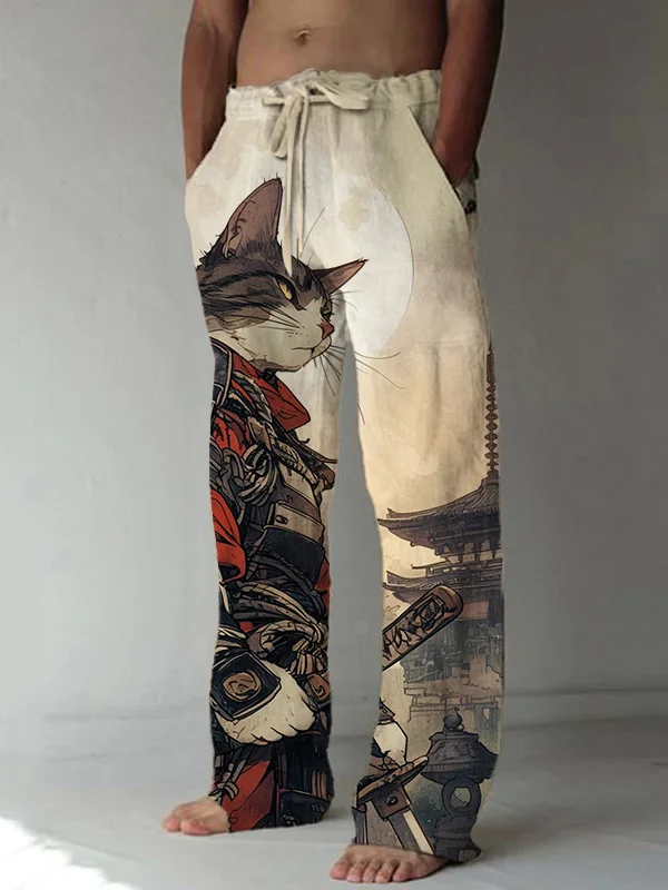 Men's Cat Warrior Guard With Knife Art Print Casual Pants