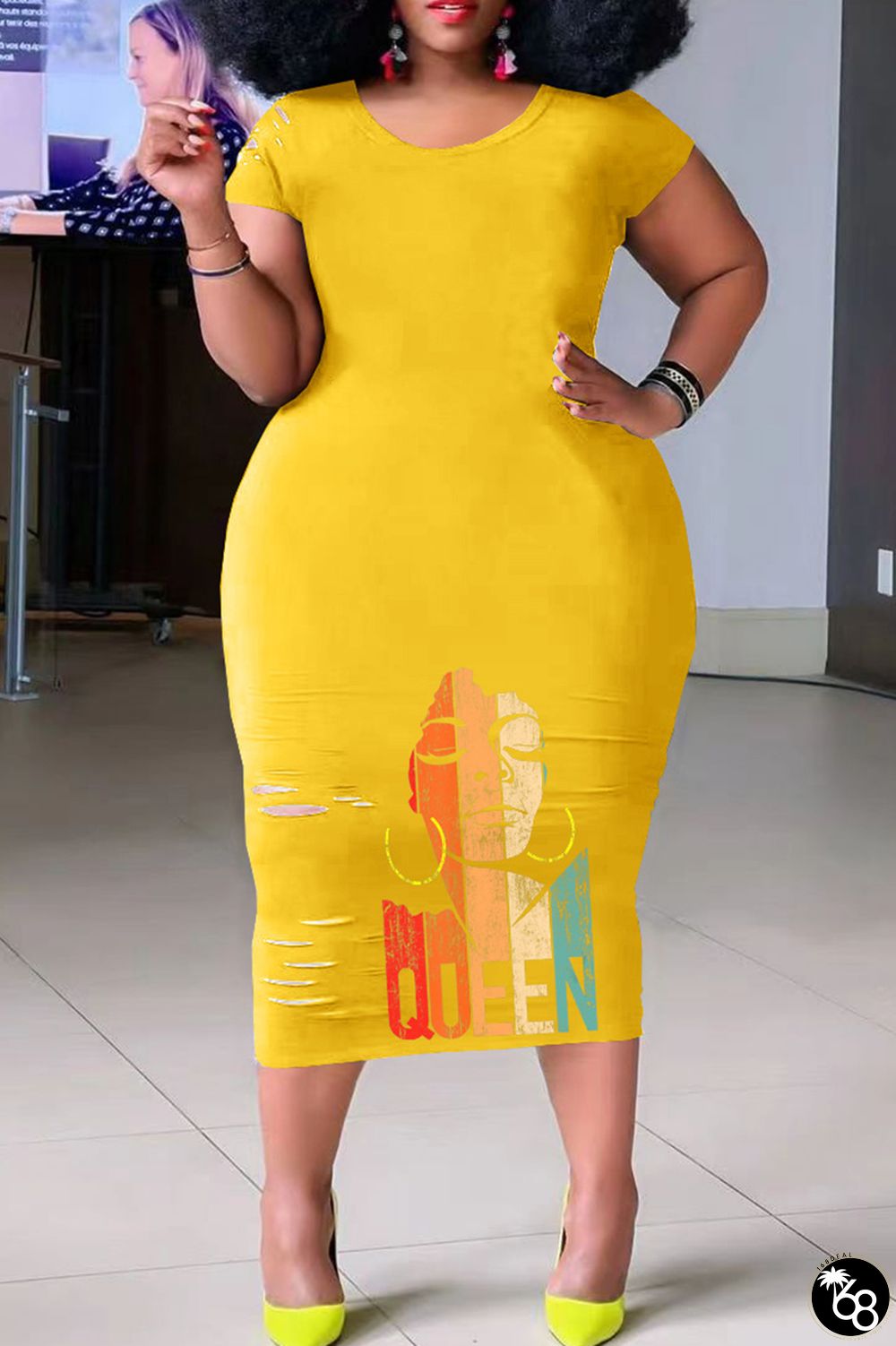 Yellow Casual Print Ripped O Neck Short Sleeve Dress Plus Size Dresses | 168DEAL