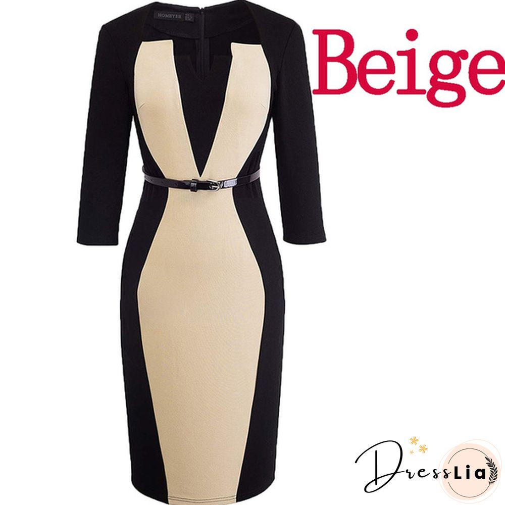 New Ladies Vintage Elegant Contrast Color Patchwork Wear To Work Vestidos Business Party Office Women Bodycon Dress