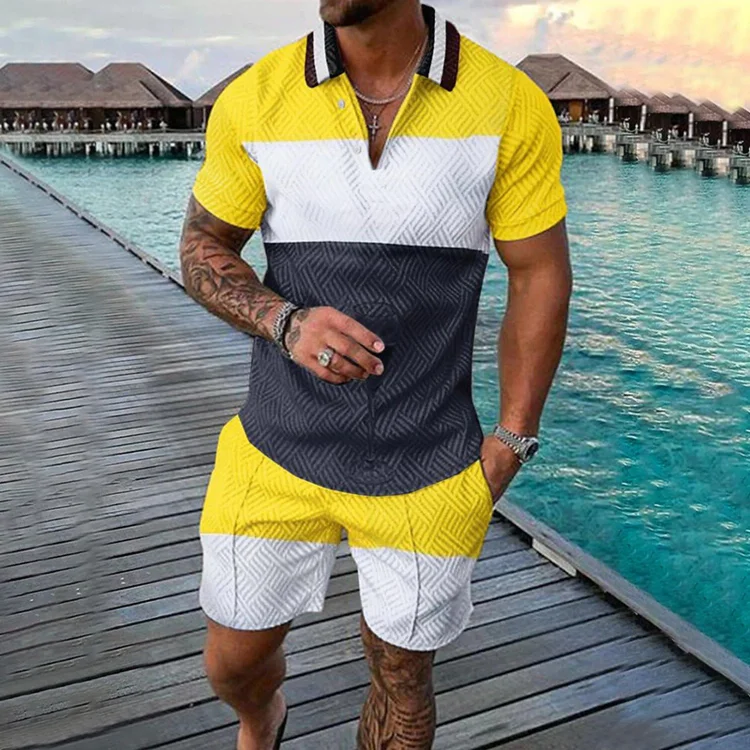 BrosWear Fashion Color Block Short Sleeve Polo Shirt And Shorts Co-Ord