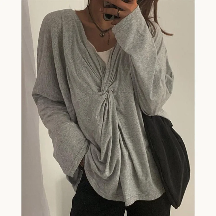 Casual Twist Together Solid Long Sleeve Top-mysite