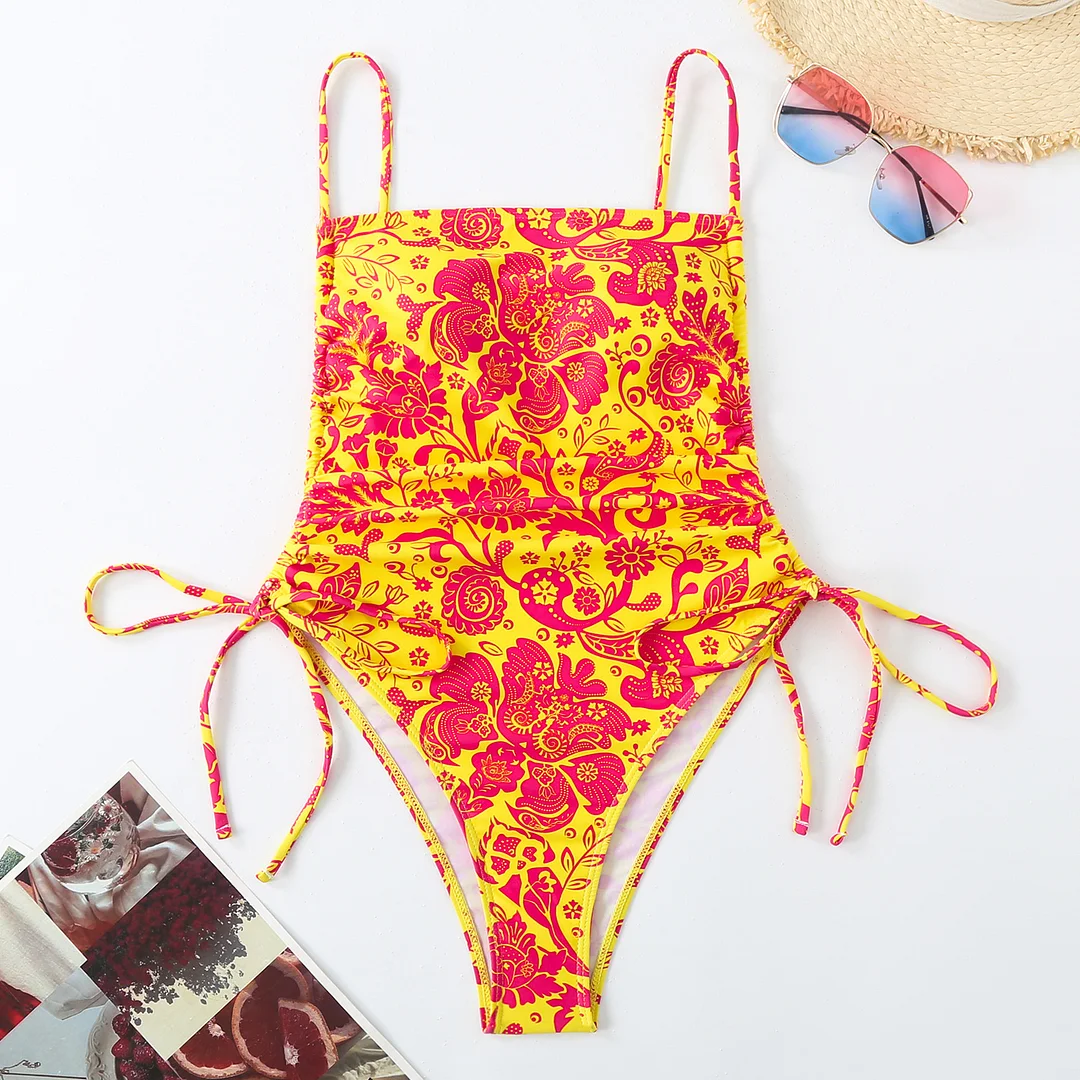 Churchf 2025 New Swimsuit Print Holiday Style Drawstring Skinny Sexy Bikini Swimsuit
