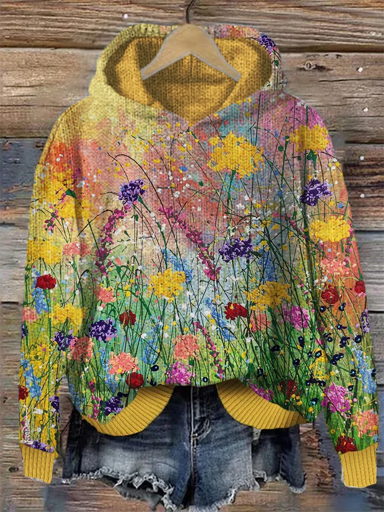 Flowers Oil Painting Art Cozy Knit Hoodie