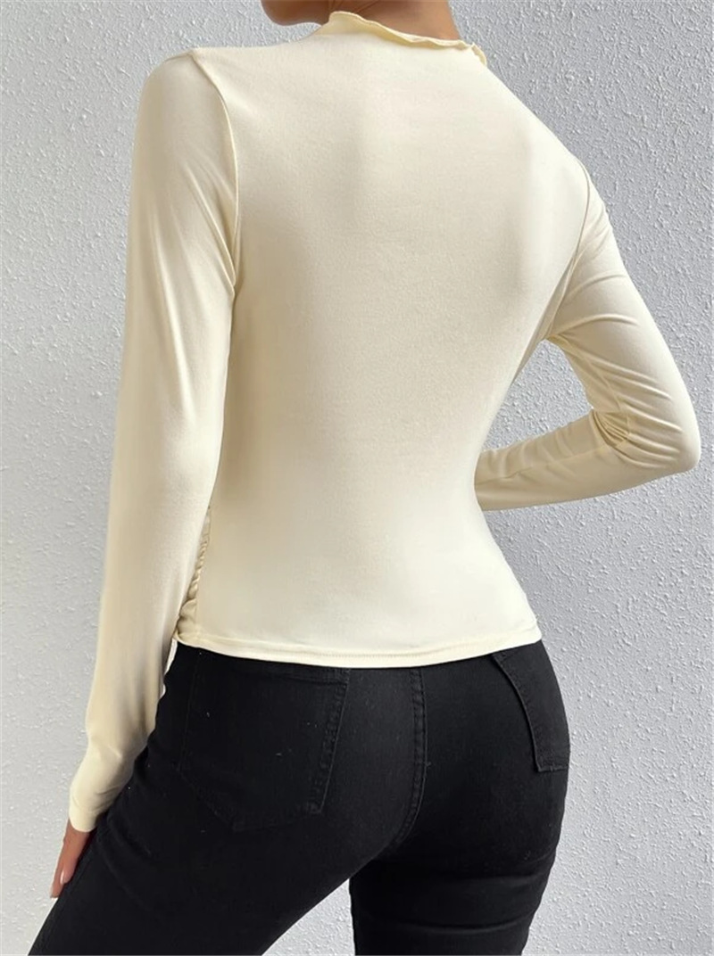 Ootddress Solid Casual Pleated T-shirt For Women Patchwork Long Sleeve High Waist Inner Ruffled Crop top Ladies Vintage Y2k Top Tee